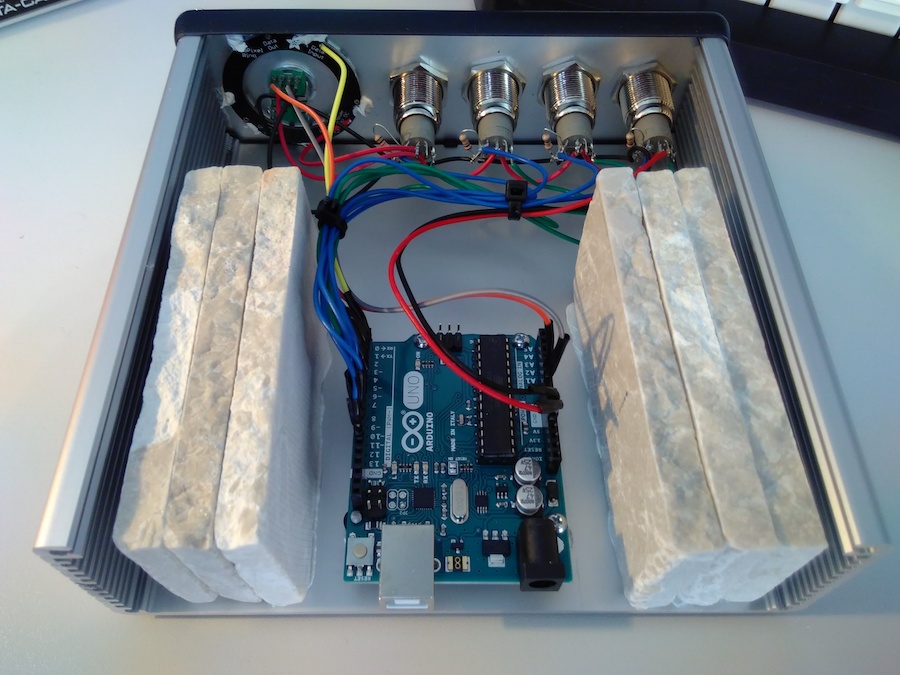 The inside; stone was added to give the box some weight.